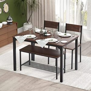 sogesfurniture 4 Piece Dining Table Set, Dining Room Set, Kitchen Dinner Table with Benches for 4, Includes Table, 2 Chairs & Bench, Brown