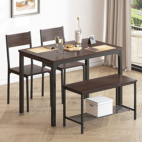 sogesfurniture 4 Piece Dining Table Set, Dining Room Set, Kitchen Dinner Table with Benches for 4, Includes Table, 2 Chairs & Bench, Brown