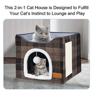 Cat Bed for Indoor Cats, Cat House with Durable Scratching Board and Dangling Toy Ball, Foldable Cat Condo with Reversible Cushions and Large Opening (Coffee)