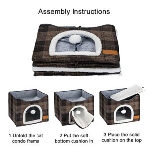 Cat Bed for Indoor Cats, Cat House with Durable Scratching Board and Dangling Toy Ball, Foldable Cat Condo with Reversible Cushions and Large Opening (Coffee)