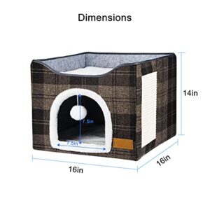 Cat Bed for Indoor Cats, Cat House with Durable Scratching Board and Dangling Toy Ball, Foldable Cat Condo with Reversible Cushions and Large Opening (Coffee)