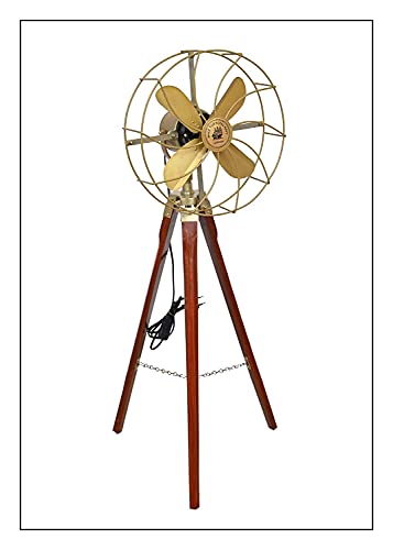 Vintage Style Antique Pedestal Floor Fan with Wooden Stand (Multicolor) Designer Fan, (OV006), 33x17x57'' Inch
