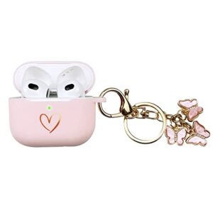 aiiekz compatible with airpods 3 case cover 2021, soft silicone case with gold heart pattern for airpods 3rd generation case with cute butterfly keychain for girls women (pink)