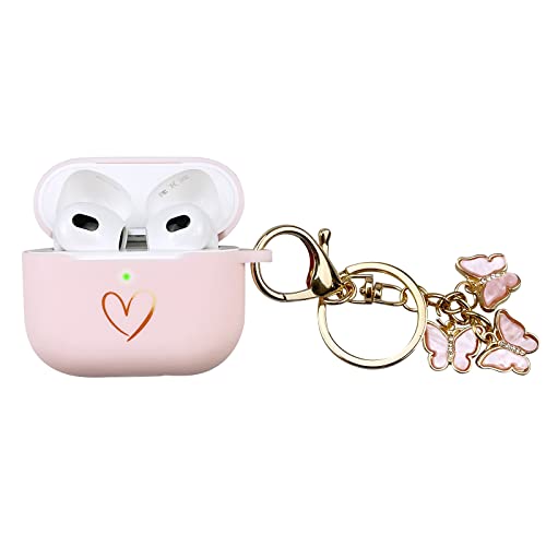 AIIEKZ Compatible with AirPods 3 Case Cover 2021, Soft Silicone Case with Gold Heart Pattern for AirPods 3rd Generation Case with Cute Butterfly Keychain for Girls Women (Pink)