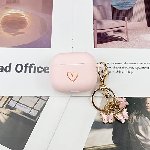 AIIEKZ Compatible with AirPods 3 Case Cover 2021, Soft Silicone Case with Gold Heart Pattern for AirPods 3rd Generation Case with Cute Butterfly Keychain for Girls Women (Pink)