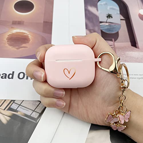 AIIEKZ Compatible with AirPods 3 Case Cover 2021, Soft Silicone Case with Gold Heart Pattern for AirPods 3rd Generation Case with Cute Butterfly Keychain for Girls Women (Pink)