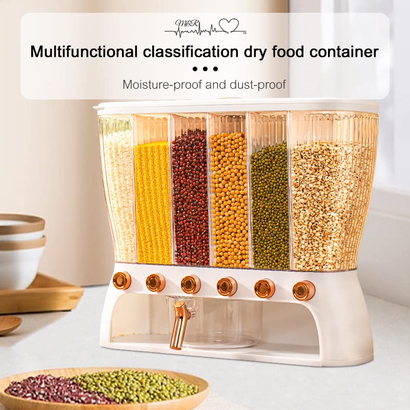 M&R, Dry Food Dispenser, Rice Container, Bulk Food Storage, Grain Canisters - 6 Grid, Moisture Proof/Airtight Dry Food Storage Containers/ Elegant design for home & kitchen.