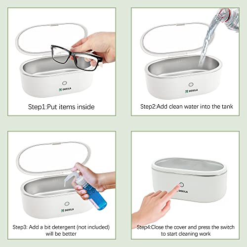 DOXILA Ultrasonic Cleaner - Upgrade Ultrasonic Jewelry Cleaner with 330ml Stainless Steel Tank, 45kHZ Portable Ultrasound Cleaning Machine for Eye Glasses, Watches, Jewelry, Dentures, White