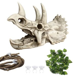 muyg bearded dragon resin triceratops skull hide decoration reptiles artificial hideout cave landscape tank accessories vines leaves hideaway ornaments for lizards snake gecko