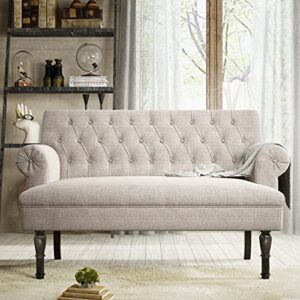 siyahome sofas & couches 58" linen textured fabric chesterfield settee button tufted scrolled arm loveseat high gourd wood leg studio bench (pillows not included), light beige