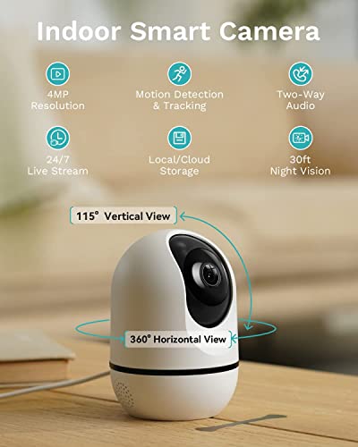 WUUK 4MP Indoor Security Camera, Pan Tilt Cam for Baby Monitor, Wi-Fi Home Security Pet Camera for Dog or Cat, Motion Detection & Tracking, Night Vision, 2-Way Audio, Compatible with Alexa & Google