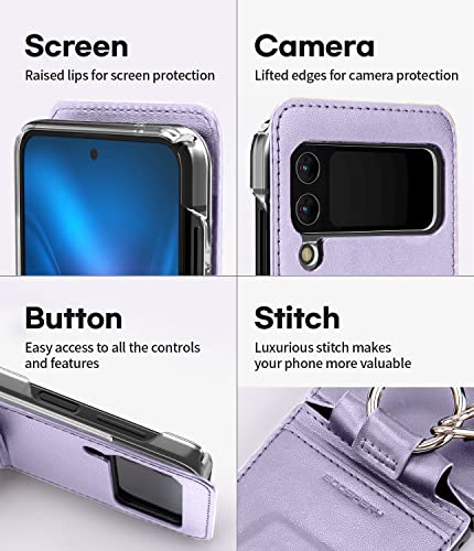 GOOSPERY EZ Mount Wallet Compatible with Galaxy Z Flip 4 Case, Card Holder Loopy Ring Adjustable Kickstand with Horizontal/Vertical [Compatible with Wireless Charging], Lavender