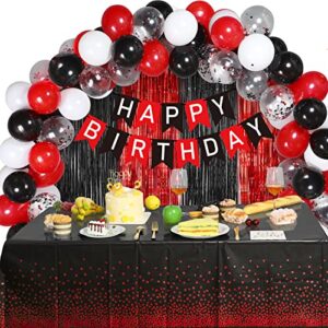 happy birthday banner party decorations,85 pieces black and red balloons kit set rain curtain backdrop and 2 pieces plastic disposable tablecloth for boy women men birthday party decorations supplies