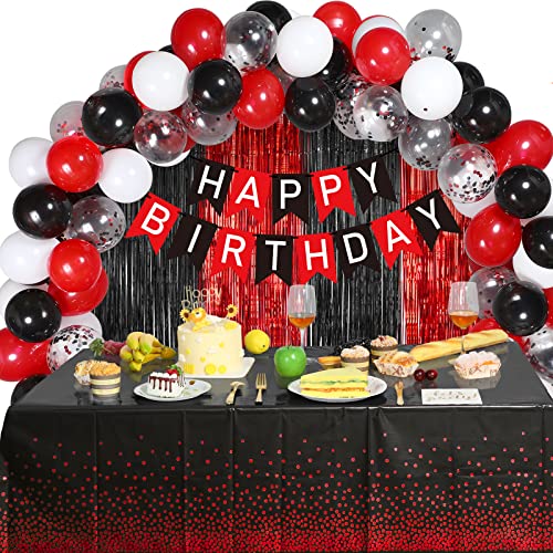 Happy Birthday Banner Party Decorations,85 Pieces Black and Red Balloons Kit Set Rain Curtain Backdrop and 2 Pieces Plastic Disposable Tablecloth for Boy Women Men Birthday Party Decorations Supplies