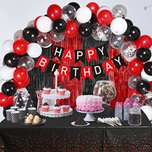 Happy Birthday Banner Party Decorations,85 Pieces Black and Red Balloons Kit Set Rain Curtain Backdrop and 2 Pieces Plastic Disposable Tablecloth for Boy Women Men Birthday Party Decorations Supplies