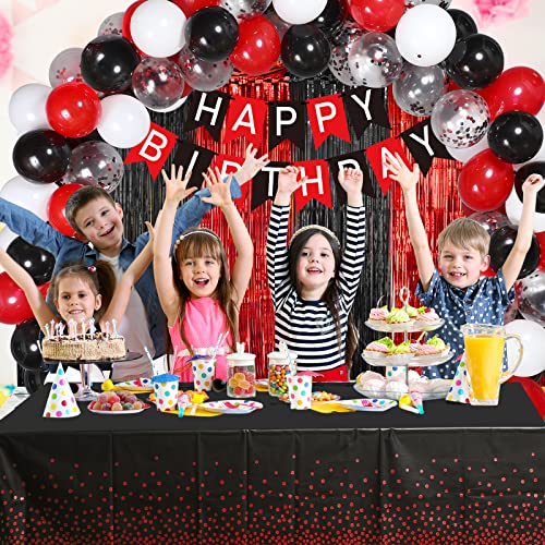 Happy Birthday Banner Party Decorations,85 Pieces Black and Red Balloons Kit Set Rain Curtain Backdrop and 2 Pieces Plastic Disposable Tablecloth for Boy Women Men Birthday Party Decorations Supplies