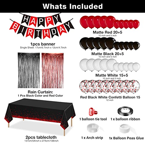 Happy Birthday Banner Party Decorations,85 Pieces Black and Red Balloons Kit Set Rain Curtain Backdrop and 2 Pieces Plastic Disposable Tablecloth for Boy Women Men Birthday Party Decorations Supplies