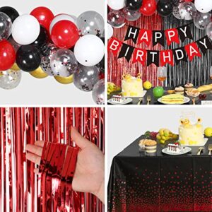 Happy Birthday Banner Party Decorations,85 Pieces Black and Red Balloons Kit Set Rain Curtain Backdrop and 2 Pieces Plastic Disposable Tablecloth for Boy Women Men Birthday Party Decorations Supplies