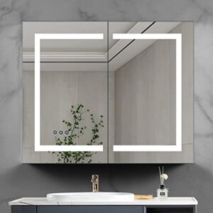 yinvani lighted medicine cabinets, 36×30 inch bathroom cabinet wall mounted with defogger mirror, with led lights dimmer and 3 colors switch, 5x makeup mirror inside with sockets mcd3630