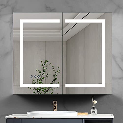 YINVANI Lighted Medicine Cabinets, 36×30 Inch Bathroom Cabinet Wall Mounted with Defogger Mirror, with LED Lights Dimmer and 3 Colors Switch, 5X Makeup Mirror Inside with Sockets MCD3630