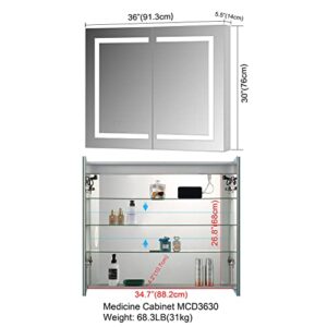 YINVANI Lighted Medicine Cabinets, 36×30 Inch Bathroom Cabinet Wall Mounted with Defogger Mirror, with LED Lights Dimmer and 3 Colors Switch, 5X Makeup Mirror Inside with Sockets MCD3630