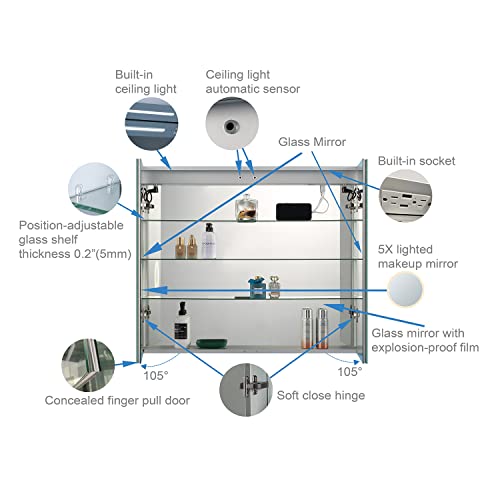 YINVANI Lighted Medicine Cabinets, 36×30 Inch Bathroom Cabinet Wall Mounted with Defogger Mirror, with LED Lights Dimmer and 3 Colors Switch, 5X Makeup Mirror Inside with Sockets MCD3630