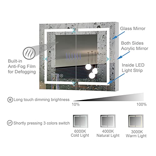 YINVANI Lighted Medicine Cabinets, 36×30 Inch Bathroom Cabinet Wall Mounted with Defogger Mirror, with LED Lights Dimmer and 3 Colors Switch, 5X Makeup Mirror Inside with Sockets MCD3630