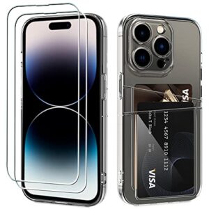 restoo for iphone 14 pro case + 2 pack tempered glass screen protector, clear case with card holder camera lens protection protective phone cover for iphone 14 pro 6.1 inch-clear