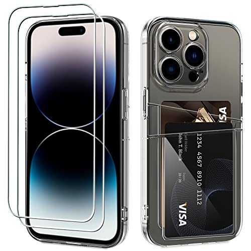 Restoo for iPhone 14 Pro Case + 2 Pack Tempered Glass Screen Protector, Clear Case with Card Holder Camera Lens Protection Protective Phone Cover for iPhone 14 Pro 6.1 Inch-Clear