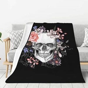 floral pink sugar flower skull flannel blanket print soft comfortable throw blanket for bed,sofa,office,camping and travel warm&lightweight plush blanket gift for halloween christmas 60"*90"