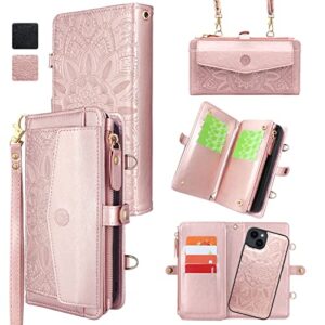 harryshell compatible with iphone 14 / iphone 13 6.1 inch 2022, [block theft card scanning], detachable magnetic case wallet cash zipper pocket crossbody lanyard strap (floral rose gold)