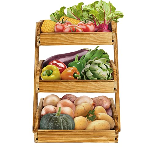 G.a HOMEFAVOR Fruit Basket, 3 Tier Wooden Fruit Basket for Kitchen, Fruit Stand Storage Holder, Fruit Bowl for Fruit, Vegetables and Snack Home Kitchen Countertop Organizer (Self-assembly)