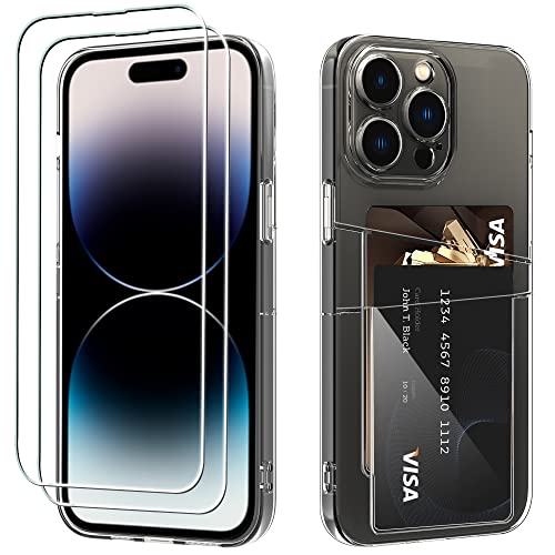 Restoo for iPhone 14 Pro Max Case + 2 Pack Tempered Glass Screen Protector, Clear Case with Card Holder Camera Lens Protection Protective Phone Cover for iPhone 14 Pro Max 6.7 Inch-Clear