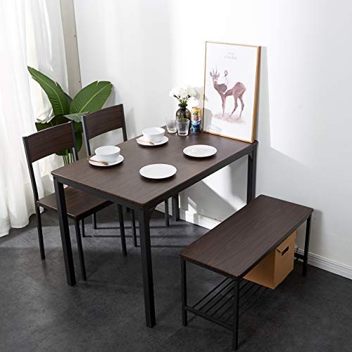 DlandHome Dining Table Set, Kitchen Table Set Breakfast Table Set, 4 Piece Kitchen Dining Room Table Sets with 2 Chairs and 1 Bench, Kitchen Coffee Table Set Modern Table Set