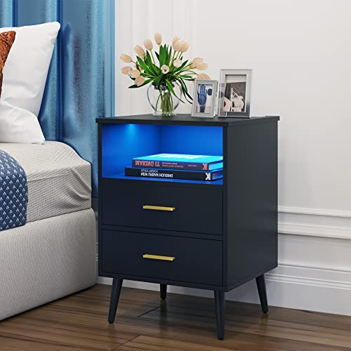 Lvifur LED Nightstand Dimmable with Charging Station and Human Body Sensor for Bedroom Furniture, Modern Bedside End Side Table Side Bed Table with 2 Drawers
