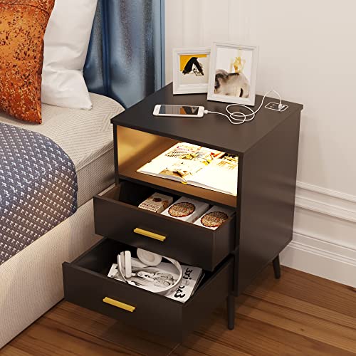 Lvifur LED Nightstand Dimmable with Charging Station and Human Body Sensor for Bedroom Furniture, Modern Bedside End Side Table Side Bed Table with 2 Drawers