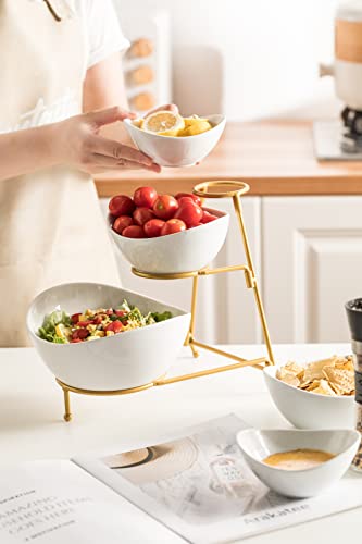 LAUCHUH 3 Tier Serving Stand Chip and Dip Serving Set Pocerlain Oval Bowl Set with Stand White Serving Bowl for Entertaining Tiered Tray Decor for Halloween Countertop Gold