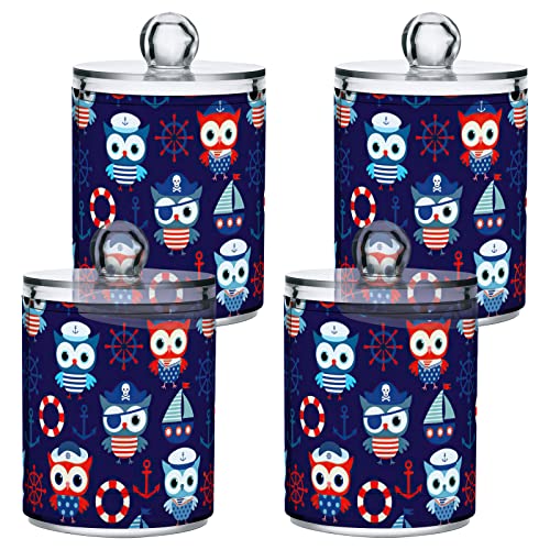 innewgogo Nautical Owls 2 Pack Cotton Swab Ball Holder Organizer Dispenser Plastic Bathroom Jars with Lids Cotton Swab Holder Vanity Countertop Storage Organizer for Cotton Ball Round Pads Floss