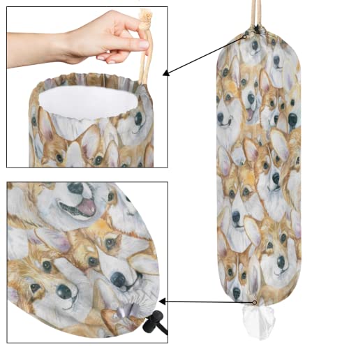 Cute Corgi Dogs Plastic Bag Holder, Animal Pattern Grocery Bag Storage Holder Hanging Garbage Shopping Bag Trash Bags Organizer for Kitchen Home