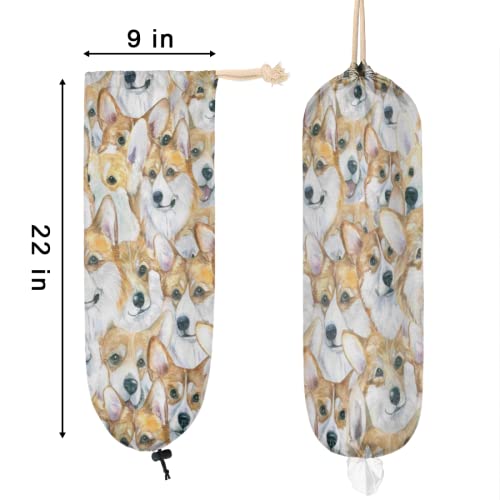 Cute Corgi Dogs Plastic Bag Holder, Animal Pattern Grocery Bag Storage Holder Hanging Garbage Shopping Bag Trash Bags Organizer for Kitchen Home