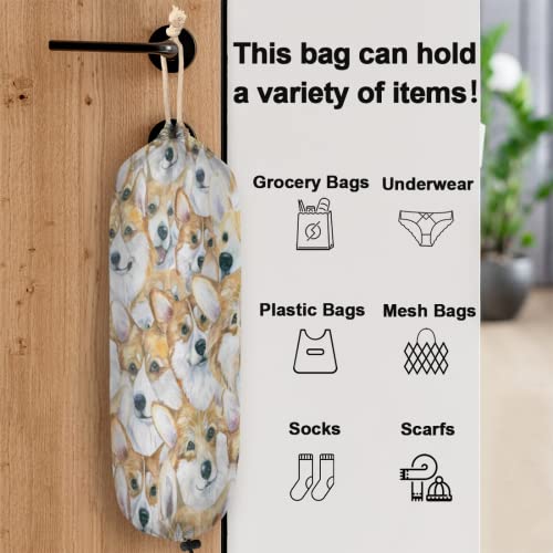 Cute Corgi Dogs Plastic Bag Holder, Animal Pattern Grocery Bag Storage Holder Hanging Garbage Shopping Bag Trash Bags Organizer for Kitchen Home