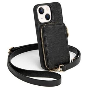 zve iphone 14 wallet case crossbody with card holder, zipper phone case with wrist strap, rfid blocking purse cover for women compatible with iphone 14, 6.1", 2022-black
