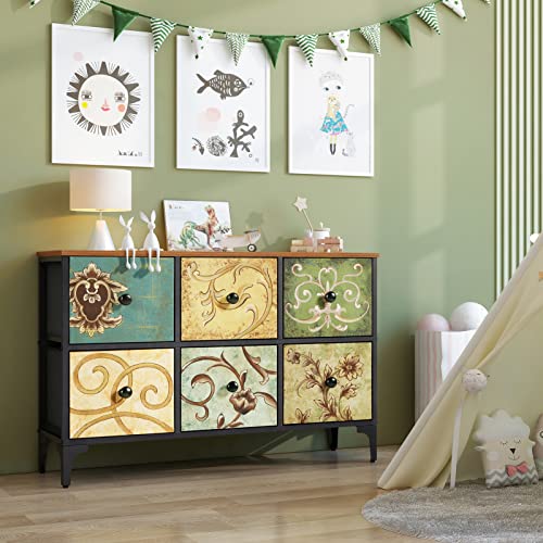 AOPSEN 6 Drawer Dresser for Bedroom, TV Stands with Chest Drawers, Wide Fabric Storage Drawer Unit for Living Room, Hallway, Kids, Nursery, Sturdy Steel Frame, Wood Top