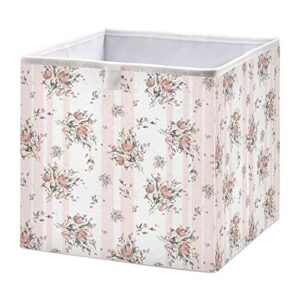 Kigai Beautiful Flowers Floral Bouquet Pink and White Stripes Foldable Storage Bins Cube, Closet Storage Baskets for Shelves Storage Box Open Storage Bins or Nursery Shelf, Closet, Office 11x11x11in