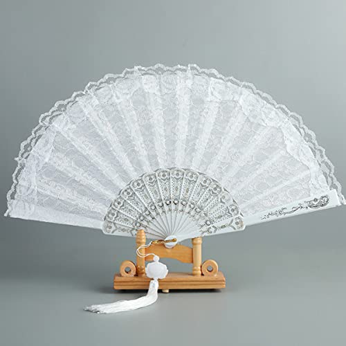 sehtorry White Lace Hand Folding Fan Bridal Dancing Props Floral Handheld Fan for Women Wedding Décor or Party Dess-up Favors