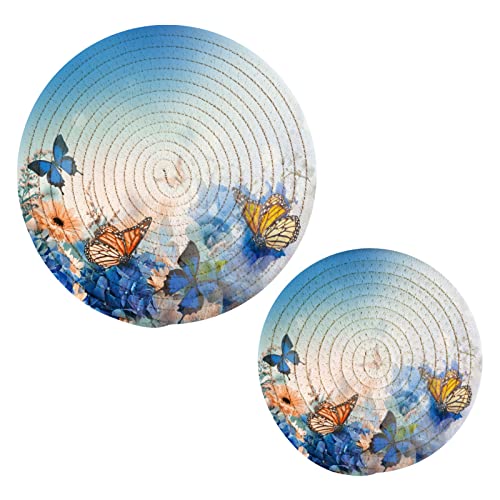 Blue Butterfly Floral Kitchen Pot Holders 2 Pack Spring Flower Trivet Mats Set 100% Cotton Round Thread Weave Hot Pads Stylish Coasters for Baking Cooking Cups Dinning Counter