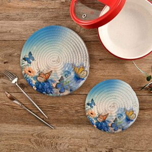 Blue Butterfly Floral Kitchen Pot Holders 2 Pack Spring Flower Trivet Mats Set 100% Cotton Round Thread Weave Hot Pads Stylish Coasters for Baking Cooking Cups Dinning Counter