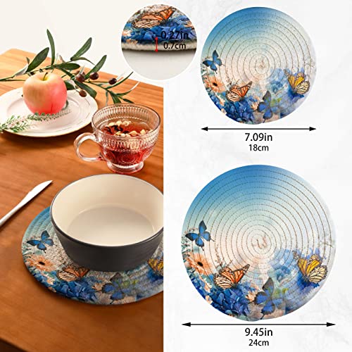 Blue Butterfly Floral Kitchen Pot Holders 2 Pack Spring Flower Trivet Mats Set 100% Cotton Round Thread Weave Hot Pads Stylish Coasters for Baking Cooking Cups Dinning Counter