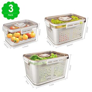 Kqiang 3 Pack Fridge Food Storage Container Set with Lids and Colander Fresh Produce Saver BPA-Free Plastic Vegetable Fruit Meat Storage Organization Bins