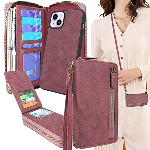 Lacass Case Compatible with iPhone 15 Plus/iPhone 14 Plus, Crossbody Dual Zipper Detachable Leather Wallet Phone case Cover (Wine red)